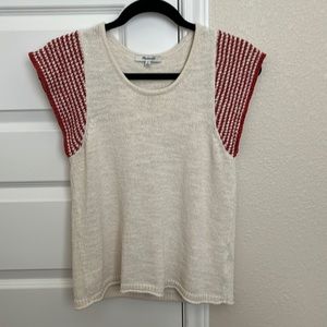 Madewell Knit Crochet Sweater Flutter Sleeve Top Red and Cream